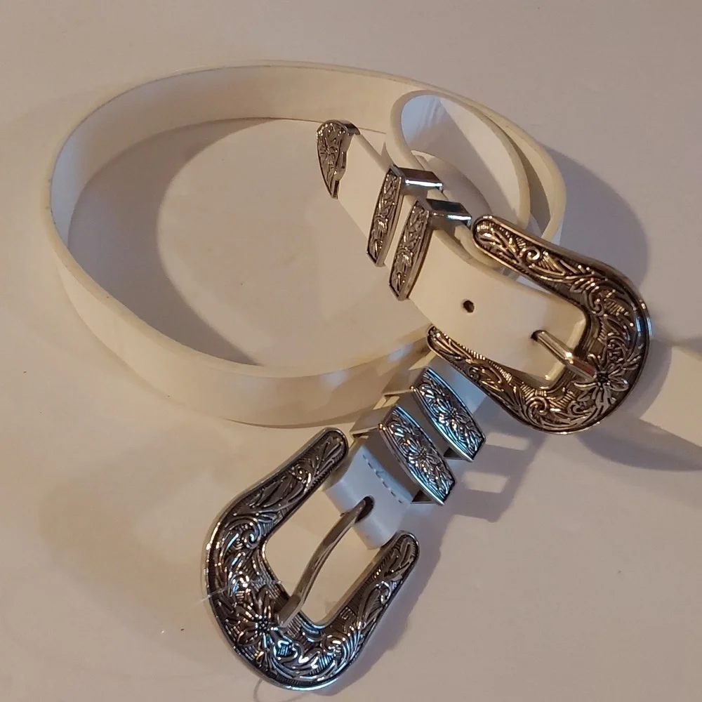 Women's Vintage look Double Silver Scroll Buckle White Belt Western Trendy M/L